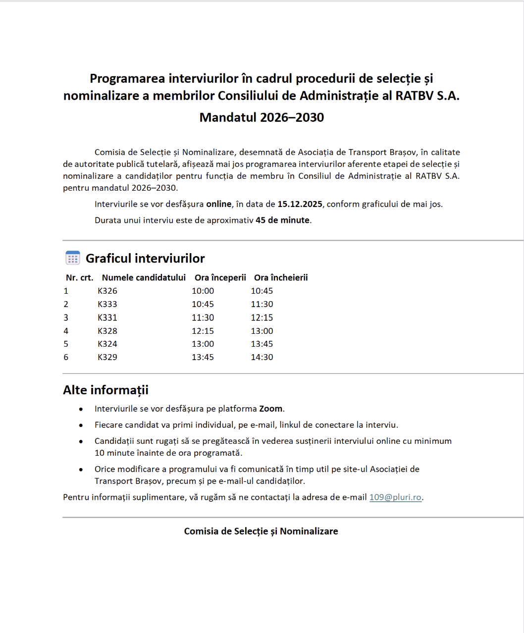 Programarea interviurilor în cadrul procedurii de selecție și nominalizare a membrilor Consiliului de Administrație al RATBV S.A.